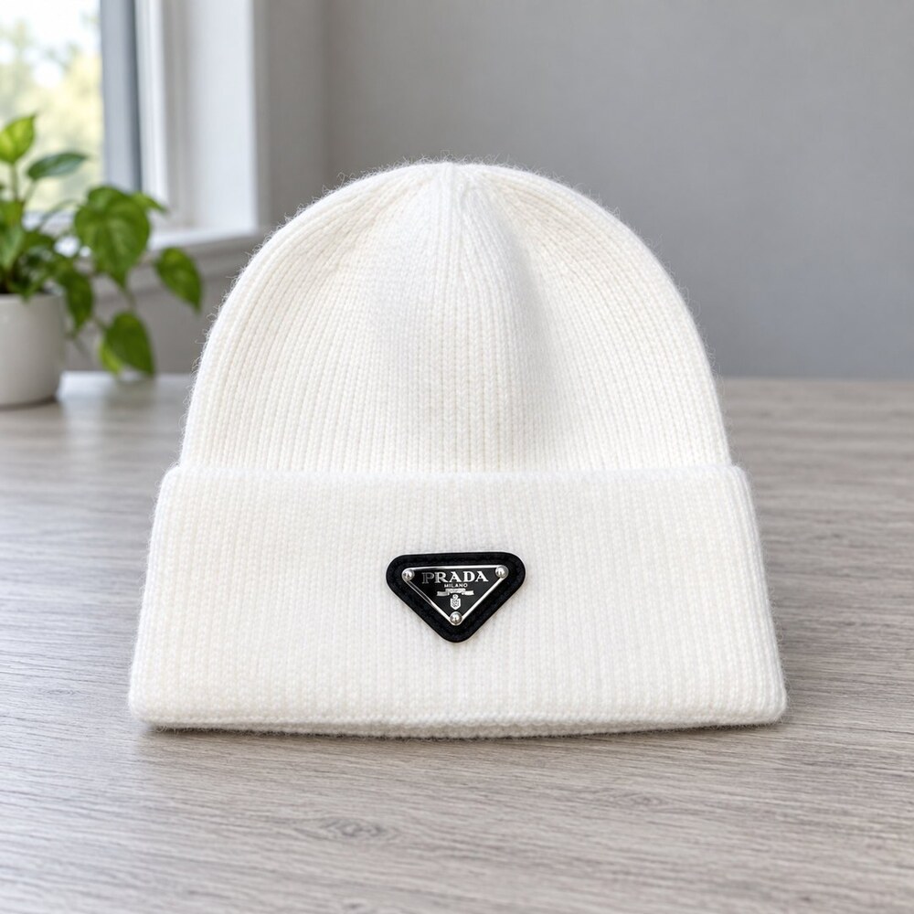 Prada White Ribbed Triangle Logo Beanie